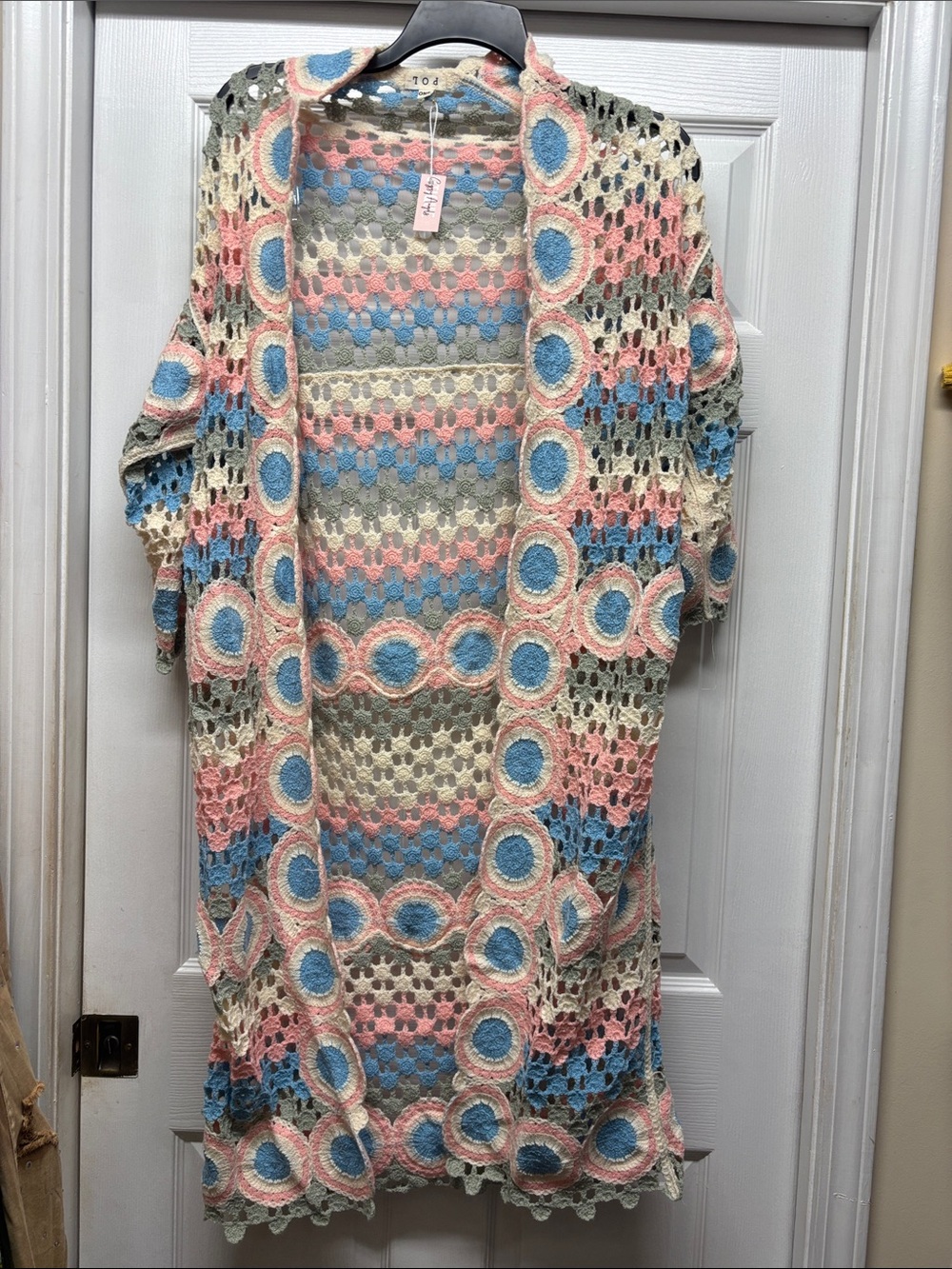 Pol Crochet Openfront Long Cardigan in Pastel Pink, Blue, Sage & Cream One Size